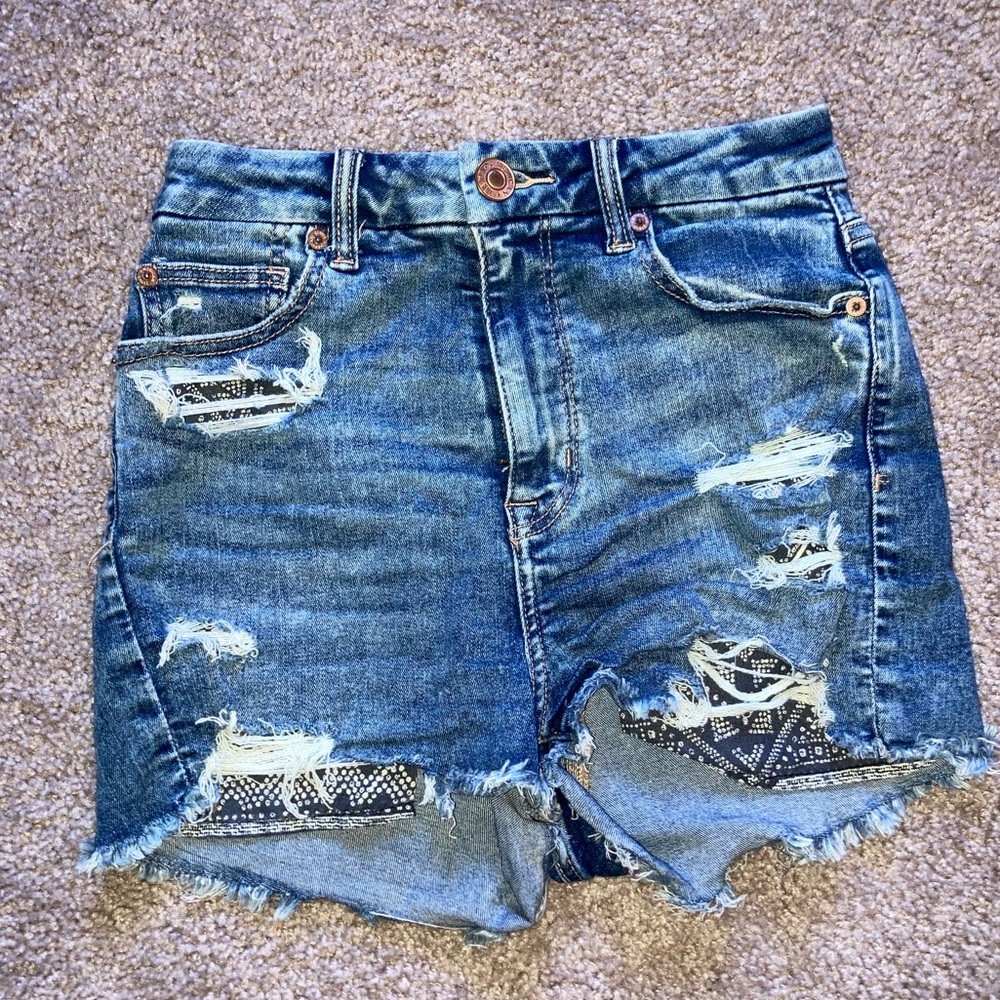 blue denim shorts with bandana print behind pockets from AE, size 2